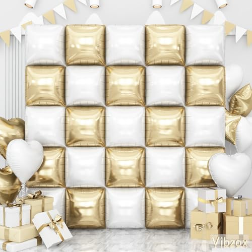 Gold White Square Foil Balloons Wall, 25PCS Double Sided Chrome Light Gold and White Balloons Tunnel Arch Kit Backdrop for New Years 2026 Birthday Wedding Engagements Bridal Shower Party Decorations