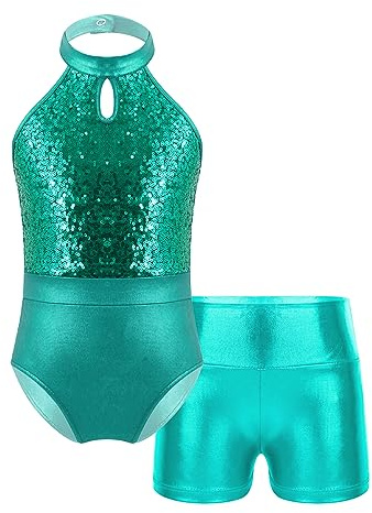 Lejafay Tenue De Gymnastique Rythmique Pour Fille Avec Paillettes Brillantes Maillot De Ballet Et Leggings Courts Combinaison Gymnastique Déguisement Danseuse Lac Vert 9-10 ans