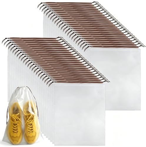 Shoe Bags for Travel PLULON Drawstring Travel Shoe Bags for Packing Waterproof Dustproof Shoes Organizer Pouch Travel Accessories for Portable Travel Essentials (50, Clear with Brown String)