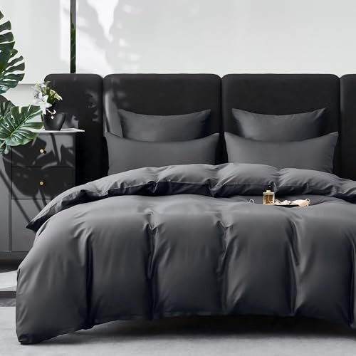YASMENG Mako Ropa de cama de satén, 135 x 200 cm, color gris oscuro, 100 % algodón, satén suave, sedoso, transpirable, de seda Lyocell, juego de 2 piezas, con cremallera y funda de almohada de 80 x 80