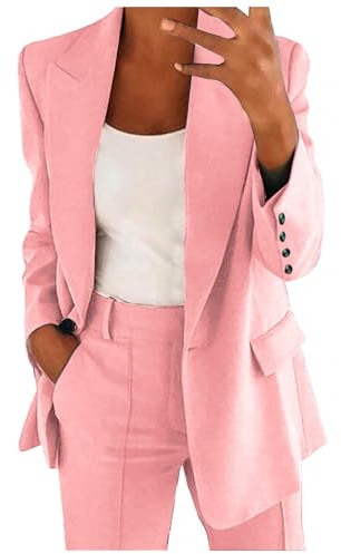 Conjunto de Traje Talla Grande, Trajes de 2 Piezas para Mujer Elegante, Chaqueta de Manga Larga con Bolsillos Blazer y Pantalones Corte Ajustado Color Sólido Elástico Trabajo Oficina