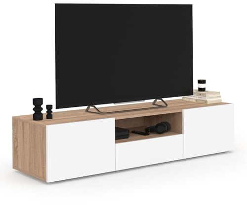 IDMarket - TV-Möbel 140 cm ELI Holz in Bucheoptik weiße Türen