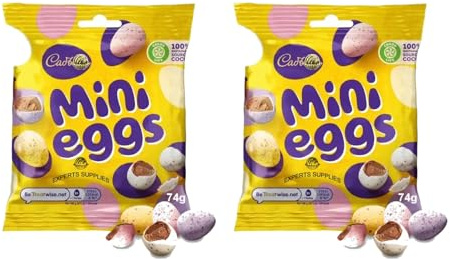 2 x Cad Mini Eggs Chocolate Eggs Bag 74g, Solid Milk Chocolate Eggs In A Crisp Sugar Shell Perfect For Sharing and Gifting For Kids and Adults for Easter Suitable for Vegetarians