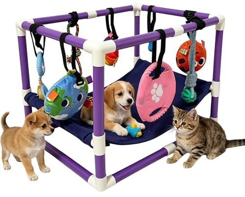 Cachorros de Juguete, Sala de Juegos para Cachorros con 8 Juguetes | zona de juegos para perros pequeños, centro de actividad para perros, marco de PVC, hamaca, juguete enriquecedor