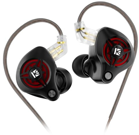 Yinyoo KBEAR BK1 Auriculares In Ear Monitor con Cable, Auriculares HiFi para Gaming Controlador Dinámico de 10mm, Ideales para Gamers,Esports (3.5,Sin Mic Negro-Rojo)