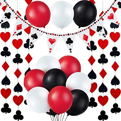 19 Stück Casino Party Dekorationen - Poker Wimpelkette Banner, String Dekorationen, Rot Schwarz Weiß Latex Ballons für Geburtstag Poker Themenparty
