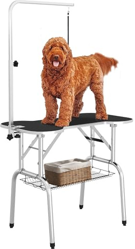 PawHut Table de toilettage Pliable pour Chien avec Bras réglable en Caoutchouc antidérapant Bord en Alliage d'aluminium Barre en Acier Inoxydable 94,5 x 55 x 81 cm Noir