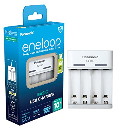 eneloop Basic Cargador USB, para 2 o 4 Pilas Recargables AA/AAA, 10h de Tiempo de Carga, 6 Funciones de Seguridad