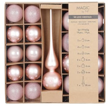 MAGIC by Inge - Weihnachtskugeln Set 19-teilig Lovely Magnolia, mit Christbaumspitze und Kugeln, Christbaumschmuck Glas