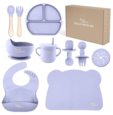 Yum Yum's Baby 10 Pcs Lavender Weaning Set - Complete Toddler Feeding Kit w/Sectioned Plate, Suction Bowls, Cutlery with Mouth Guard, Straw Cup, Bib & Mat - Non-Slip - for Toddlers & Baby Gift
