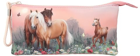 Depesche 12870 Miss Melody Flowers - Fächerschlamper mit 3 Reißverschlussfächern, Federmäppchen mit Pferde Motiv und Hunde Anhänger