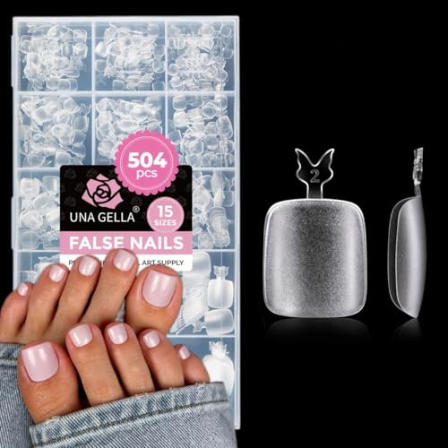 UNA GELLA False Toenails 504Pcs Pre-filed False Toe Nails Tips Soft Gel | Squoval Toe Nails Full Cover Clear Fake Toenails tips for Home DIY & Salon, Soak Off 15 Sizes