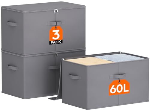 Lifewit 60L Aufbewahrungsbox mit Deckel, 3er-Pack, Faltbare Aufbewahrungsboxen aus Vliesstoff mit Griff, Faltbox, Kleideraufbewahrung, 56 x 32 x 33 cm, Grau