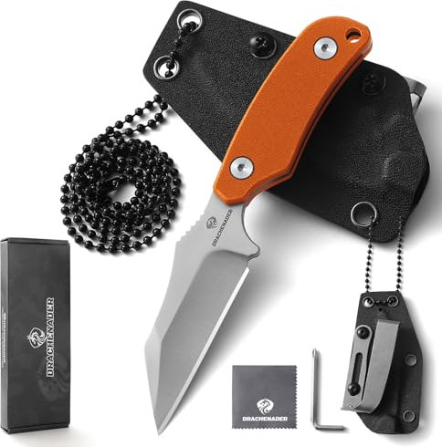 DRACHENADER Neck Knife Klein X-WH, Wharncliffe D2 Stahl Feststehende 7, 6 cm Klinge, Full Tang mini Messer mit Kydex Scheide, Kugelkette, und Gürtel-Clip, Klinge Silber+ G10 Griff Orange