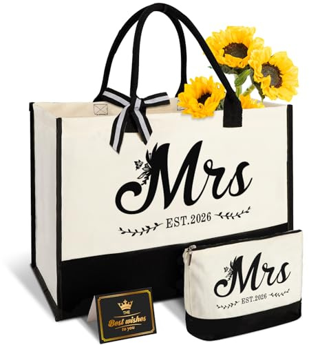 Vanqruo Mrs 2026 Bride Canvas Tote Bag with Makeup Bag, Wedding Gifts for Bridal Shower Bachelorette Party Engagement Honeymoon, Miss to Mrs, Bride to Be Gifts