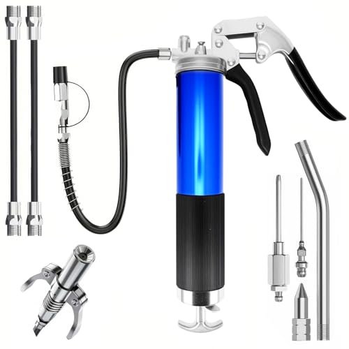 Viitech Grease Gun, 7000 PSI Heavy Duty Grease Gun Kit with 3 Flex Hose, Sharp Nozzle, Extension Pipe, Coupler 14oz Load, Reinforced Coupler and Rigid Pipe