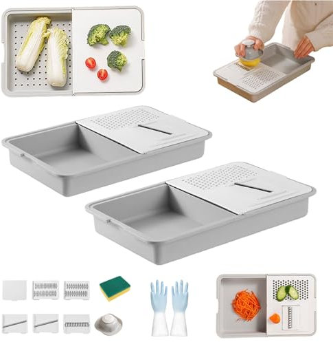 Planche à découper multifonction 6 en 1 (2025) avec couvercles et râpes, planche à découper amovible et égouttoir intégré, Antidérapante, protège les mains et facile à nettoyer (2PCS)