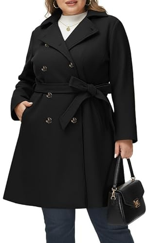 Hanna Nikole Manteau en laine pour femme Grandes tailles Manteau d'hiver à double boutonnage avec poches Ceinture Manches longues Trench de longueur moyenne, Noir , 54 grande taille