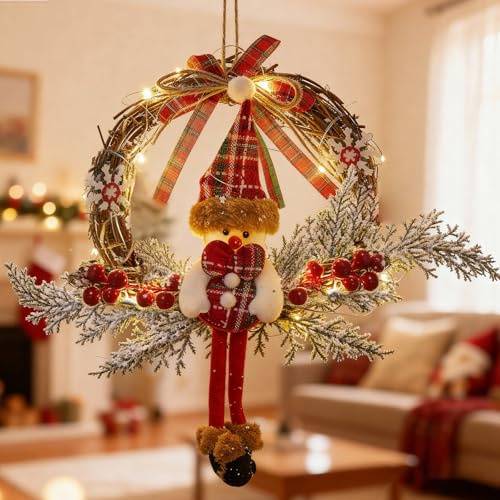 Corona para puerta de Navidad, 35 cm, LED, decoración para puerta, con luz LED, corona de Navidad, muñeco de nieve, corona de ratán, decoración navideña para puerta de casa, pared, ventana