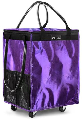 (Medium, Purple) Reusable Grocery Bag on 4 Wheels, Foldable Rolling Tote Carries Up to 66lb Shopping Trolley, Rolling Bag with 3 Handles, Zipper Clouser Rolling Tote Bag with Wheels for Laundry