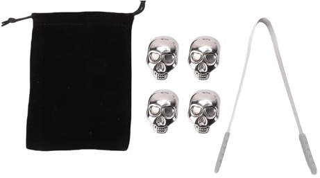 YUYTE 4 Pièces en Acier Inoxydable Crâne Glaçons Pierres à Whisky en Métal Réutilisables avec Pinces à Glace pour Refroidir les Boissons, le Whisky, le Vin, les Cocktails, la Bière