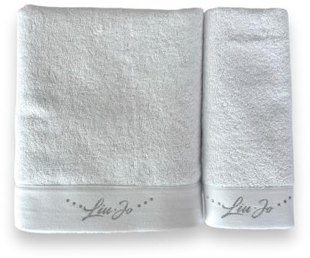 Liu Jo Milano Set Asciugamani Art. Happy in Spugna 100% Cotone – Asciugamano Viso 55x100 e Ospite 38x58 – Logo Lurex – In Scatola (Bianco)