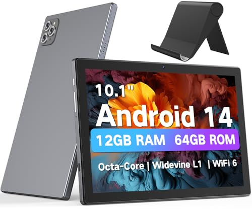 FIEKVE 10.1 Inch Android 14 Tablet for Adults, Octa-Core, 12GB RAM 64GB Storage(2TB Expand), Octa-Core, WiFi 6, Bluetooth 5.0, Large Touch Screen Tablet for Work, Study & Entertainment
