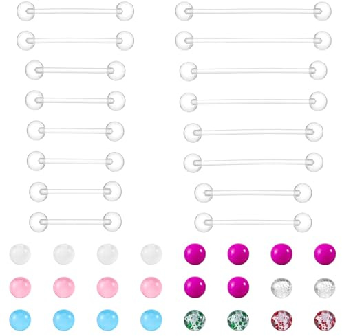 16Pcs Plastic Tongue Bars Set 14G Clear Nipple Rings with Replacement Balls | Flexible Long Bar Barbell Piercings for Women Bar Length 16/19/22/25/32/35/38mm