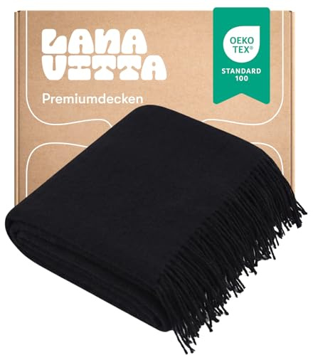 Wolldecke „Runo“ – Tagesdecke & Bettüberwurf – 100 % Neuseeland-Wolle, Warmer Sofa-Plaid – Schwarz – 140x200 cm