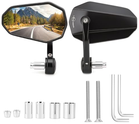Motorcycle Mirrors Universal, 2 Pack Motorcycle Bar End Mirrors, Motorbike Rearview Mirrors with E-MARK, Universal Side Wing Mirror for Scooters ATVS Electric Bikes, 360° Rotatable,Towing Safe