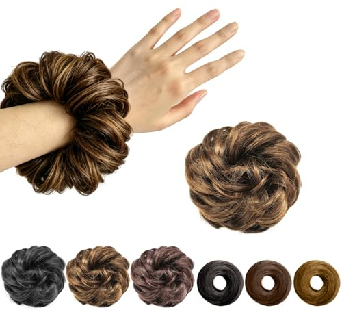 TIHNY Lockig Håruppsättning, Ljusbrun Messy Bun Scrunchie med Elastiskt Band, Värmebeständig Syntetisk Hårdel för Kvinnor