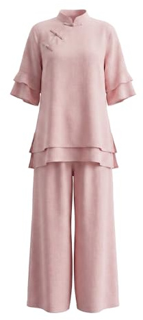 Womens Tai Chi Clothes Cotton Linen Qi Gong Yoga Suit Style Zen For Zen Meditation Martial Arts(Pink,XXL)
