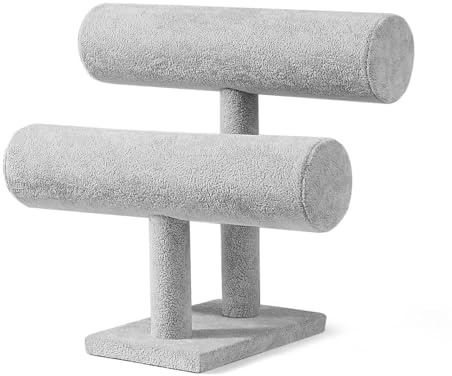 Flexzion Velvet Bracelet Holder - Gray 2-Tier Bracelet Stand Display Storage - Detachable T-Bar Bracelet, Anklet, Bangle Holder Organizer for Women, Men, Girls - Bracelet Display Stand for Vendors