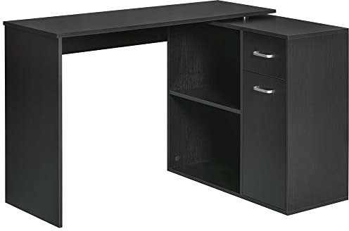 HOMCOM L-Shaped Desk, Corner Computer Desk, Adjustable Study Table with Storage Shelf, Drawer and Cabinet, Workstation for Home Office, Black Wood Grain