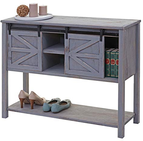 Mendler Kommode HWC-D57, Schiebetürenschrank Sideboard Schrank, Shabby-Look Vintage 81x102x34cm - dunkelgrau