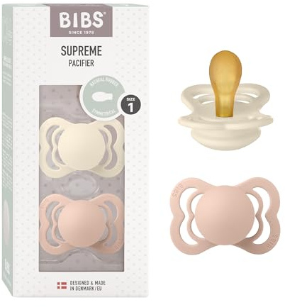 BIBS Supreme Soother 2-Pack, BPA Free Dummy Pacifier, Symmetrical Nipple. Natural Rubber Latex, Size 1 (0-6 Months), Ivory/Blush