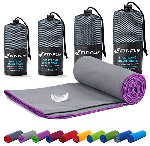 Fit-Flip Mikrofaser Handtuch - kompakt, leicht und schnelltrocknend - Microfaser Handtücher - als Reisehandtuch, Sporthandtuch, Strandtuch und Badetuch groß (50x110cm, Grau mit Lila Rand)