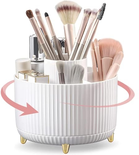 Rotating Makeup Organiser, 360° Rotating Large Capacity Brush Holder, Storage with 5 Slots, Makeup Brushes Cup for Vanity, Bathroom, Desk Storage Container, Cosmetic Display Cases - White