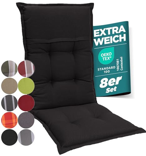 gardisun Gartenstuhlauflagen Hochlehner I Extra Dicke Sitzauflagen I Made in Europe I Ideale Polsterauflagen für Hochlehner Gartenstuhl I Auflagen mit hoher Lichtechtheit I 8er Set I Schwarz
