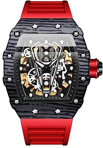 RORIOS Herrklocka Tonneau punk klocka automatisk mekanisk klocka självuppdragande silikonklocka för män mode sport armbandsur vattentät lysande klocka, Röd svart a, L, armband