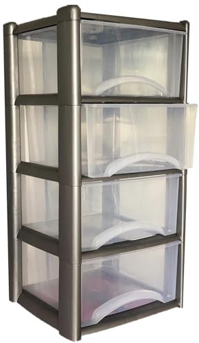 4 Plastic Drawers Storage Unit Tower - Spacious Drawer Unit for Clothes, Toys - Clear Storage Drawer - Ideal for Home Storage Solution - Durable Kids Storage Plastic Box (Silver Frame/Clear Draws)