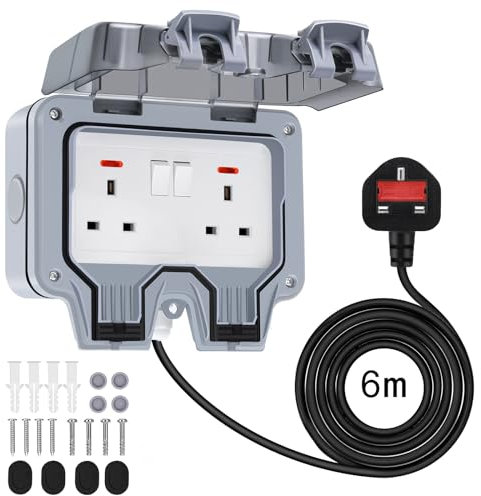 Chilymes Double Outdoor Socket with 6m Extension Lead, Outside Plug IP66 Waterproof 13Amp 2 Gang Switched Socket Cover, Wall Electrical Outlet Socket Box…