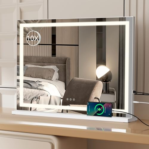 Fullwatt Schminkspiegel mit Beleuchtung 80 x 56 cm, Hollywood Spiegel mit LED Licht, 3 Farbtemperatur Licht, mit USB, Touch Control, Tischplatte oder Wandhalterung für Schlafzimmer (56X12X80cm)