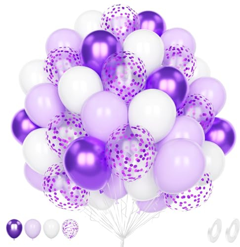 Ballon Violet Blanc, 60 Pièce 12 Pouces Métallique Violet Blanc Confettis Latex Hélium Ballon pour Anniversaire Baby Shower Mariage Douche Nuptiale Engagement Décoration de Fête
