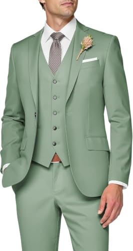 SPTALLFITJSV 3 Piece Suit Men Slim Fit Wedding Suits for Mens Elegant One Button Jacket Single Breasted Vest Pants Set, Dusty Sage Green, XS