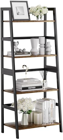 HITNET Ladder Shelf, 4 Tier Bookshelf, Freestanding Bathroom Storage Shelving Unit with Bamboo Frame for Living Room, Home Office, Bedroom, Rustic Brown and Black