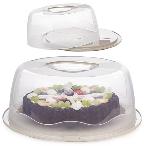 EYNEL 13 Inch Cake Carrier with Locking Lid and Handle, Stylish Big Round Container for Kitchen Storage, BPA Free Stand, Plastic Holder for Transporting, Donuts, Cupcakes, Pies (Cream, 13 in)