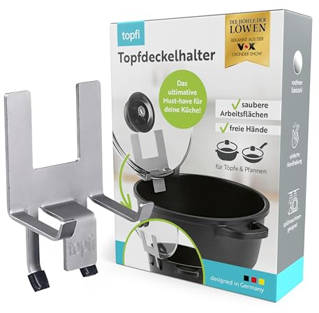 topfi® Topfdeckelhalter für Töpfe & Pfannen aus 'Die Höhle der Löwen' | Der Küchenhelfer für eine freie & saubere Arbeitsfläche, lässt das Wasser einfach in den Topf zurücktropfen