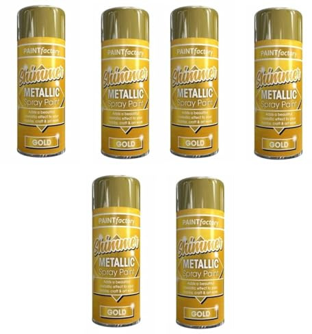 DIOXSTAR Metallic Gold Spray Paint, Shimmer Effect, Non-Cracking, Vibrant Colour, Quick Drying, Ideal use for Metal, Wooden Furniture, Interior, Exterior Decoration, 200ml (Pack of 6)