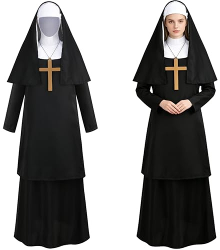 HAPNBCELE Costume tradizionale da suora per adulti, include accessori, collana con croce, cappello, costume per feste di Halloween (nero, B, M)